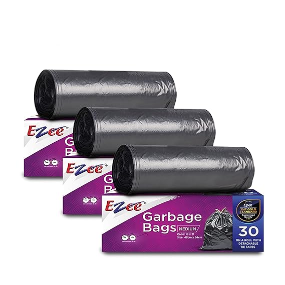 Ezee Black Garbage Bags for Dustbin | 90 Pieces Medium Size Trash Bags | Leak-Resistant Bin Liners | Kitchen & Home Waste Bags